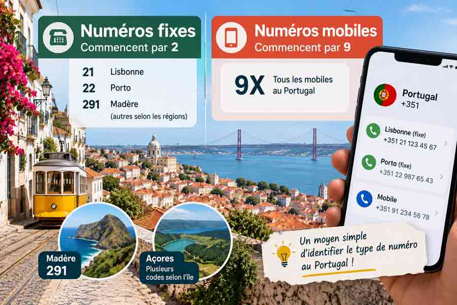 Différence entre numéros fixes et mobiles au Portugal avec indicatif +351, indicatifs de Lisbonne, Porto, Madère et Açores, tramway jaune à Lisbonne