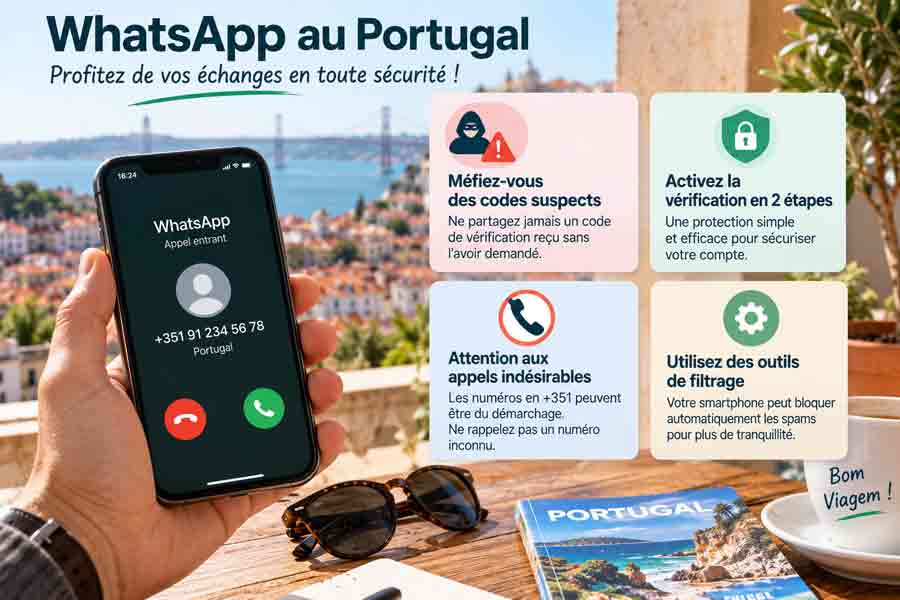 Conseils de sécurité pour WhatsApp au Portugal, avec smartphone affichant un appel entrant +351 et vue sur Lisbonne
