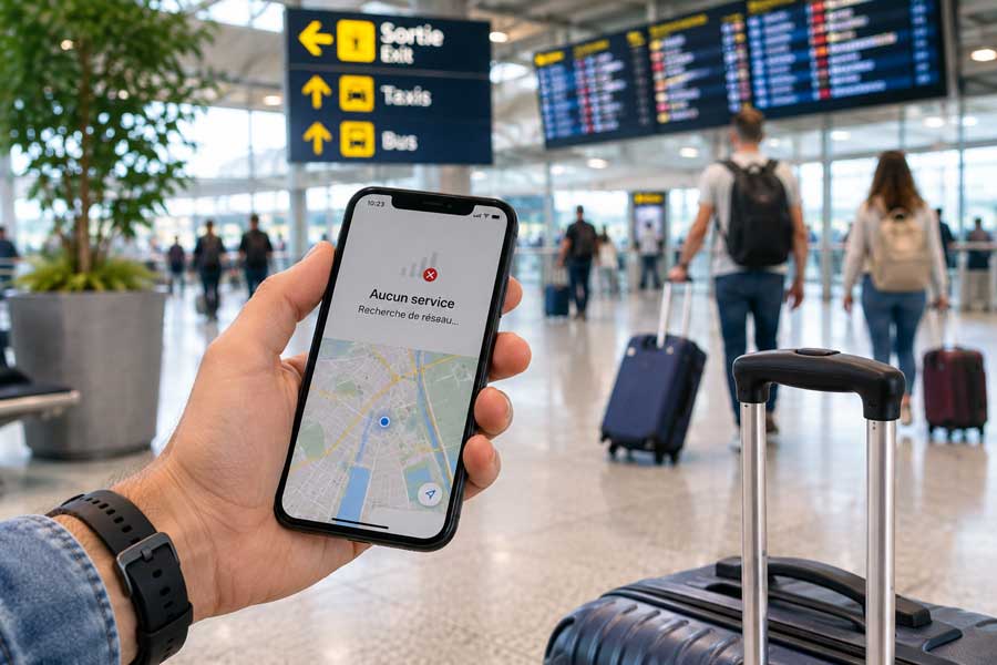 Téléphone affichant "Aucun service" à la sortie d'un aéroport, illustrant l'absence de connexion à l'arrivée en voyage