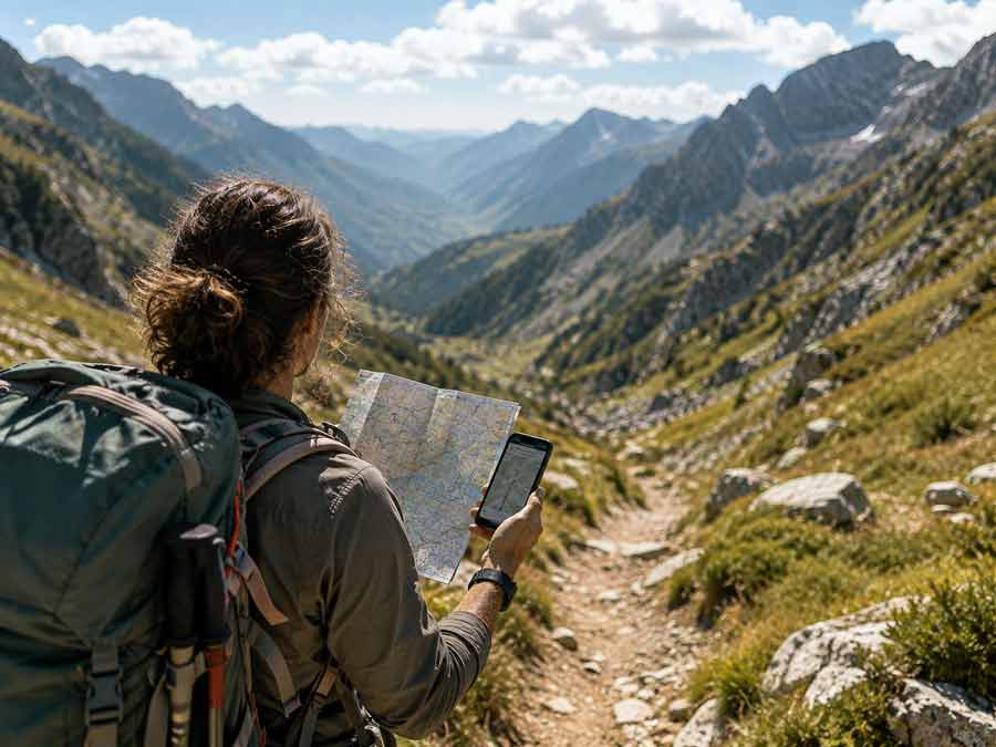 Randonneuse consultant une carte papier et son téléphone en montagne, alternative fiable au GPS dans les zones isolées