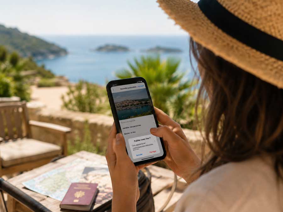 Voyageuse s'apprêtant à publier une photo avec sa localisation face à la mer, illustrant les risques du partage en temps réel