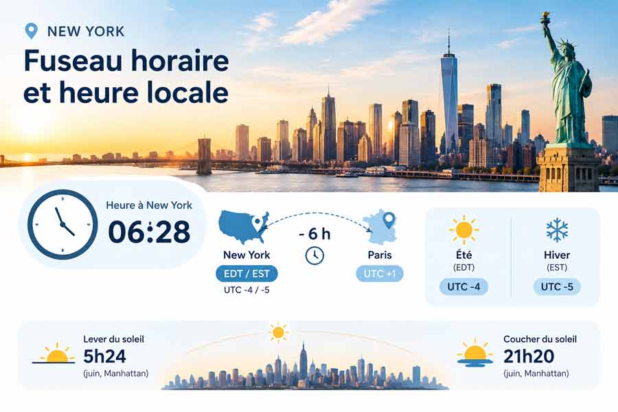 Infographie sur l'heure à New York et son fuseau horaire, avec le décalage de 6 heures avec Paris et les horaires de lever et coucher du soleil en juin à Manhattan