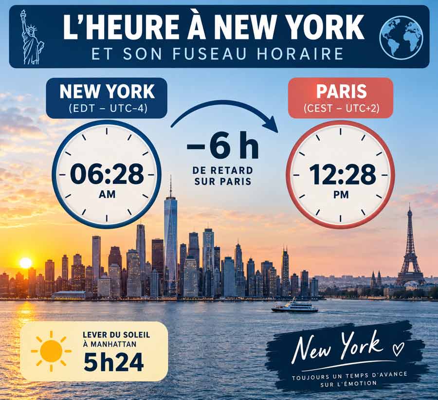 Infographie comparant l'heure à New York et à Paris, avec 6 heures de décalage illustrés par les skylines de Manhattan et de la tour Eiffel