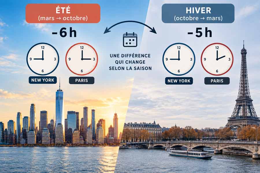 Infographie sur le décalage entre l'heure à New York et à Paris selon les saisons, été comme hiver, avec les skylines de Manhattan et de Paris de part et d'autre