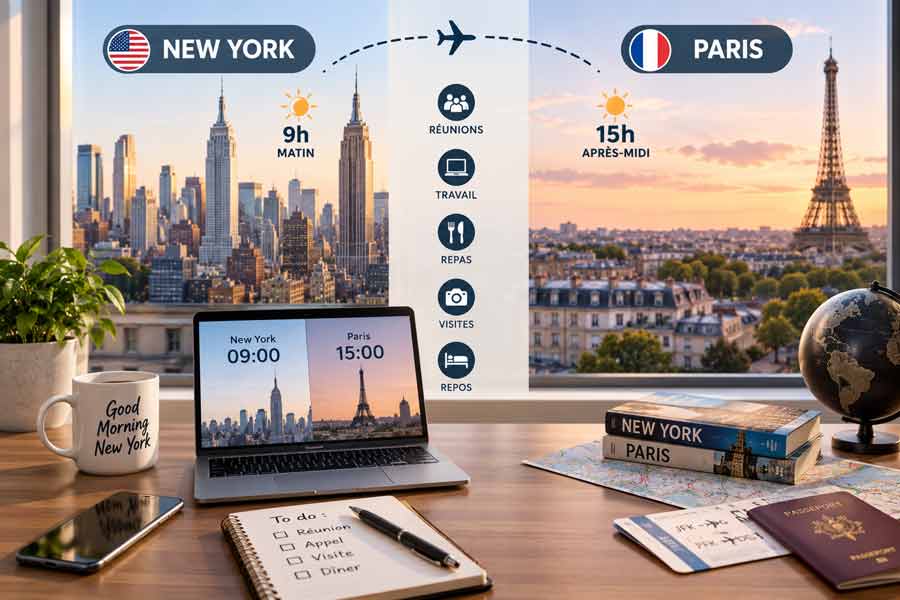 Infographie sur l'heure à New York comparée à celle de Paris pour organiser son emploi du temps, avec les créneaux idéaux pour réunions, travail et repos
