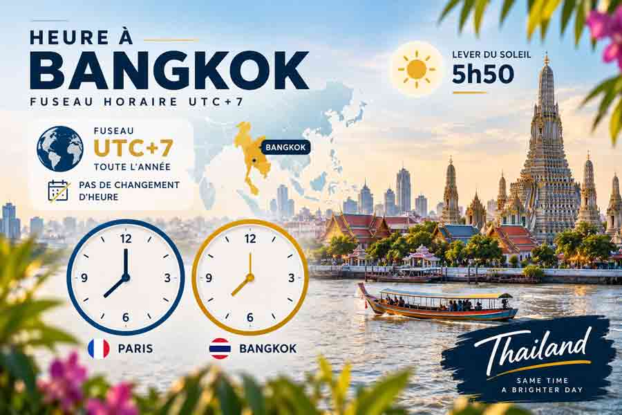 Heure Bangkok : fuseau UTC+7 toute l’année, sans changement d’heure, avec lever du soleil vers 5h50 et comparaison des horloges entre Paris et Bangkok