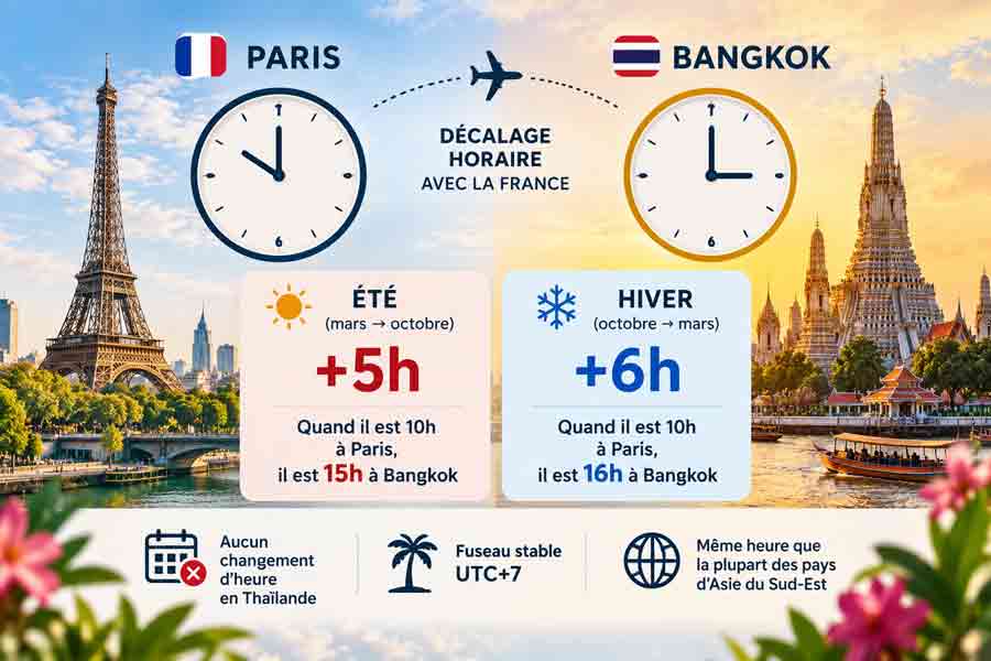 décalage horaire Bangkok Paris illustré par deux horloges, avec 5 heures d’avance en été et 6 heures d’avance en hiver