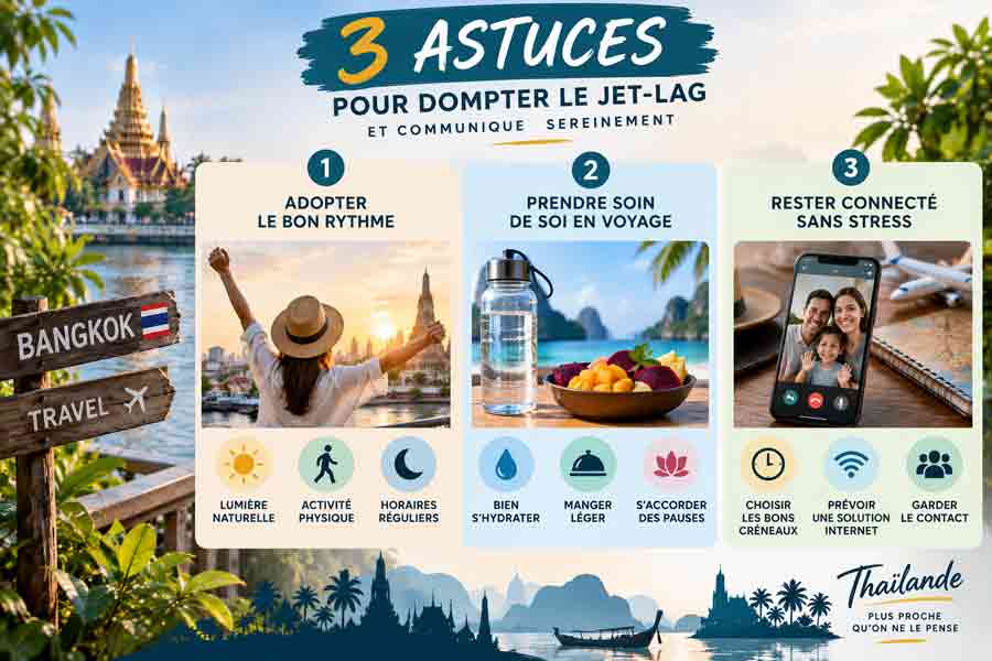 Heure Bangkok : conseils pour gérer le jet-lag, profiter de la lumière naturelle, bien s’hydrater et choisir les meilleurs horaires pour appeler la France