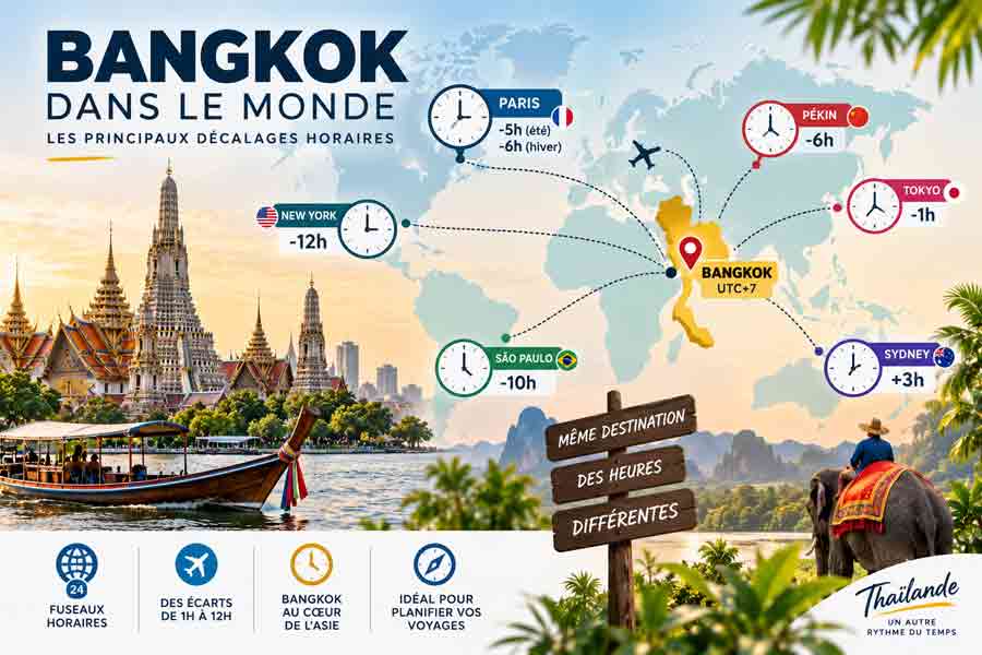 carte des principaux décalages horaires entre Bangkok et Paris, New York, Pékin, Tokyo et Sydney, avec Bangkok au centre en UTC+7