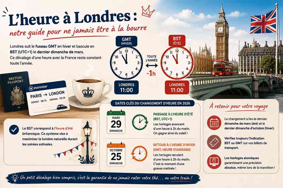 Infographie explicative sur l'heure Londres, le passage GMT/BST et les dates du changement d'heure 2026 avec Big Ben en arrière-plan