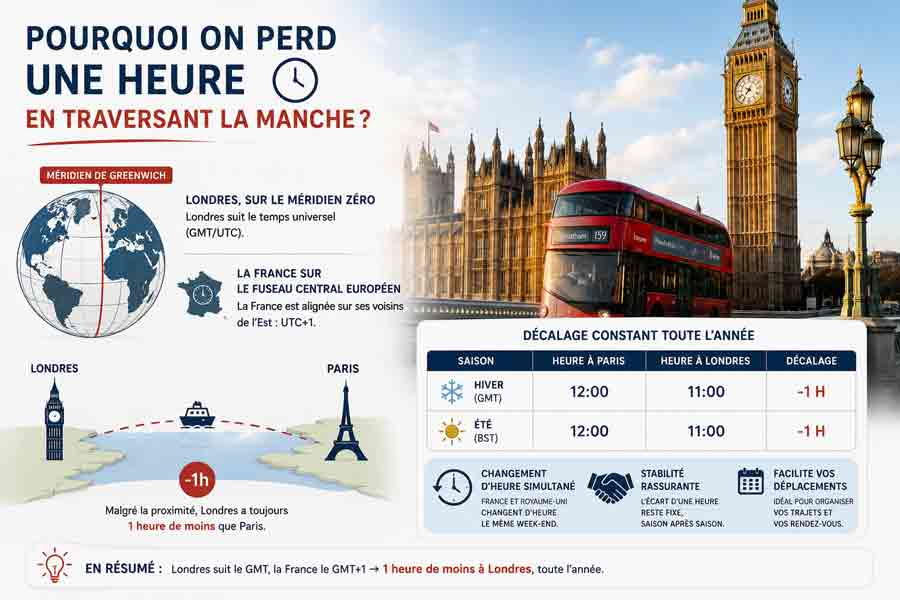 Infographie sur le décalage horaire entre Londres et Paris, expliquant le méridien de Greenwich et le tableau comparatif des heures été/hiver