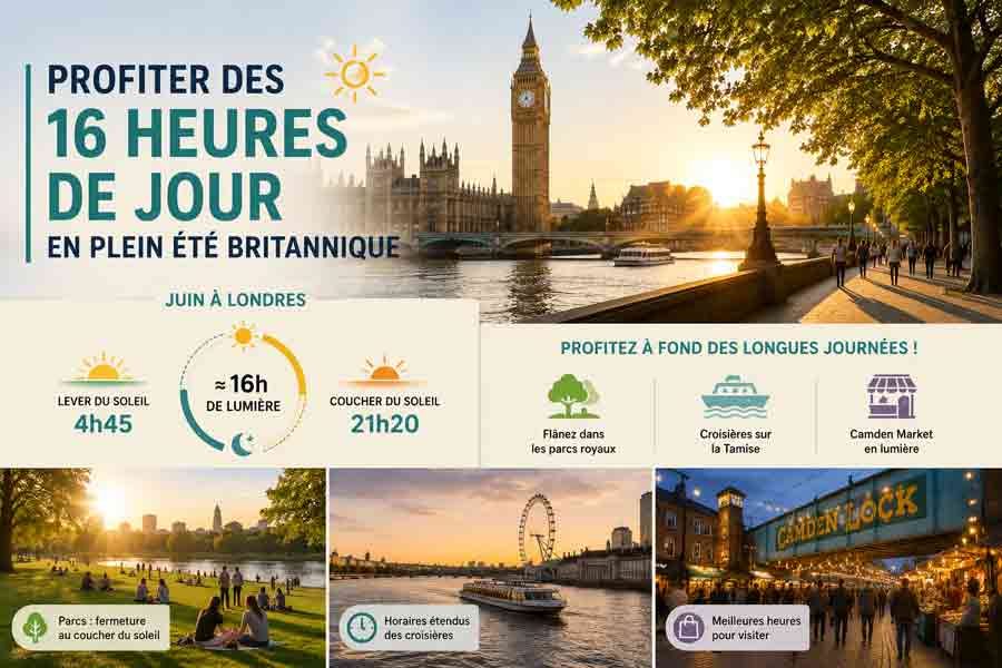 Infographie sur les 16 heures de jour en juin à Londres, avec lever et coucher du soleil, croisières sur la Tamise et Camden Market