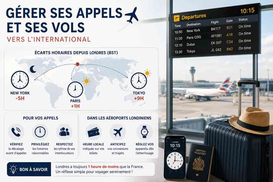 Infographie sur les décalages horaires depuis Londres pour appeler à New York, Paris et Tokyo, avec conseils pratiques pour les vols internationaux