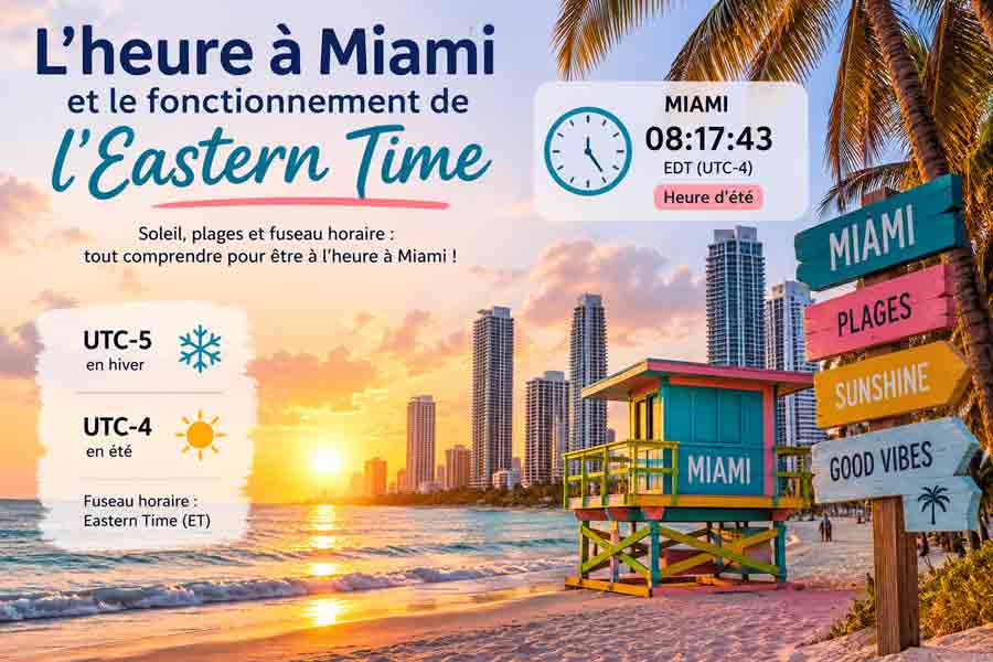 Horloge affichant l'heure à Miami : heure d'été EDT (UTC-4) avec le rappel UTC-5 en hiver. En fond, lever de soleil sur Miami Beach, poste de sauveteur coloré et panneaux Miami Plages Sunshine.