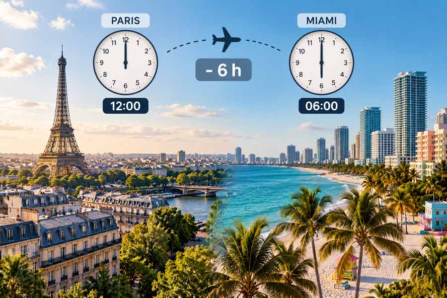 Comparatif de l'heure Miami / Paris : 12h00 côté français, 06h00 côté floridien, soit 6 heures de décalage. Montage mi-tour Eiffel, mi-plage de Miami bordée de palmiers