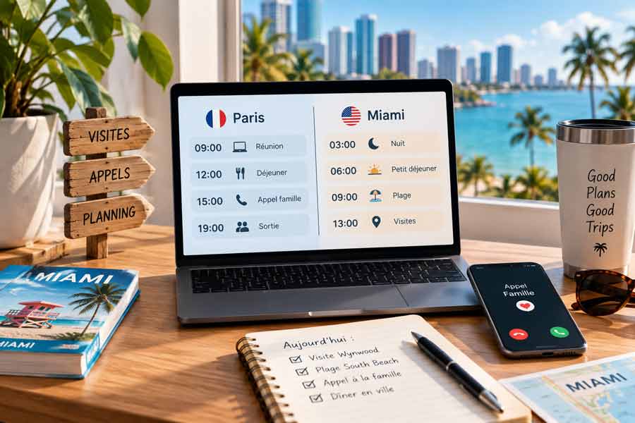 Planning heure par heure entre Miami et Paris affiché sur un ordinateur portable, entouré d'un guide de voyage et d'un carnet de visites. Un téléphone en appel et la skyline de Miami complètent la scène.