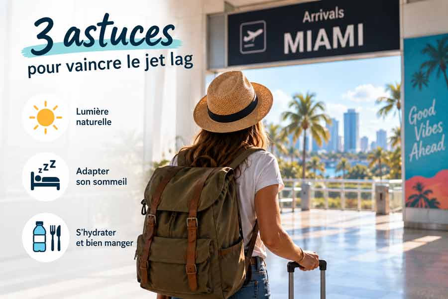 Trois astuces pour vaincre le jet lag : lumière naturelle, sommeil adapté, hydratation et alimentation. Une voyageuse arrive au terminal Arrivals Miami, sac au dos, face aux gratte-ciels.