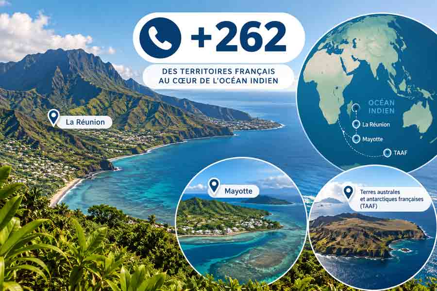 Infographie indicatif 262 des territoires français de l'Océan Indien avec vue panoramique de La Réunion, globe terrestre et médaillons photo de Mayotte et des Terres australes et antarctiques françaises