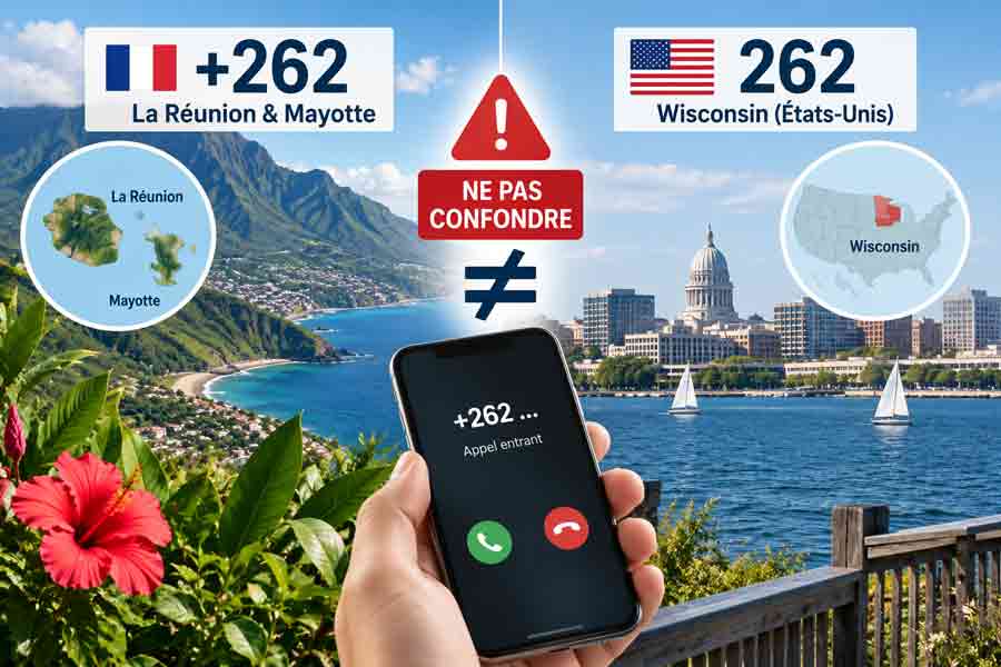 Infographie expliquant qu'il ne faut pas confondre l'indicatif 262 de La Réunion et Mayotte avec l'indicatif régional 262 du Wisconsin aux États-Unis