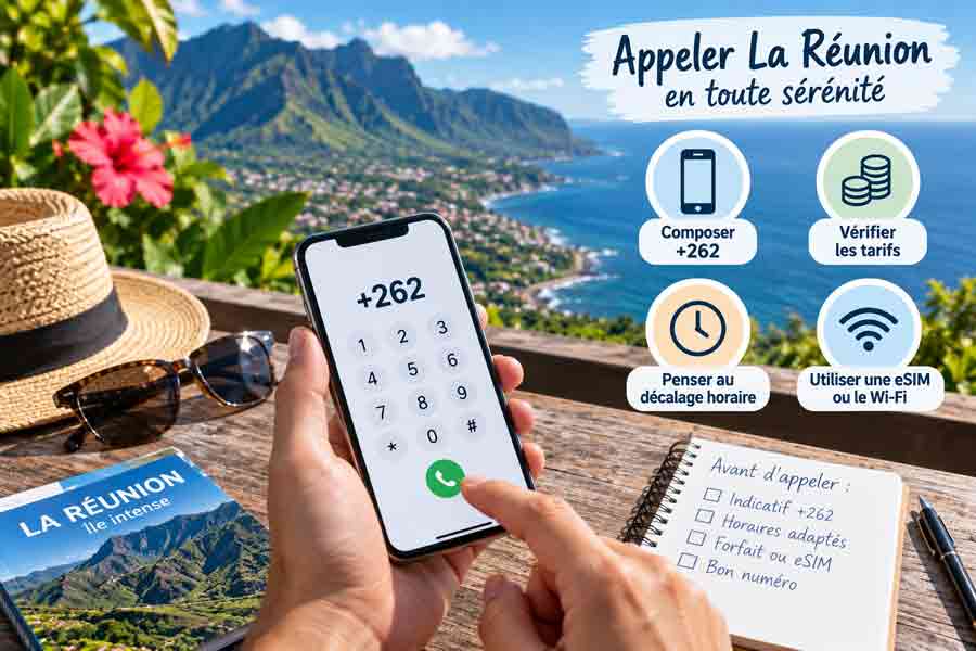 Infographie sur les conseils pour appeler La Réunion avec smartphone affichant l'indicatif +262, checklist manuscrite et guide de voyage devant un paysage tropical