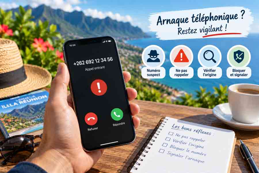 Infographie sur les arnaques téléphoniques avec smartphone affichant un appel suspect depuis l'indicatif 262, icônes de vigilance et checklist des bons réflexes devant un paysage de La Réunion