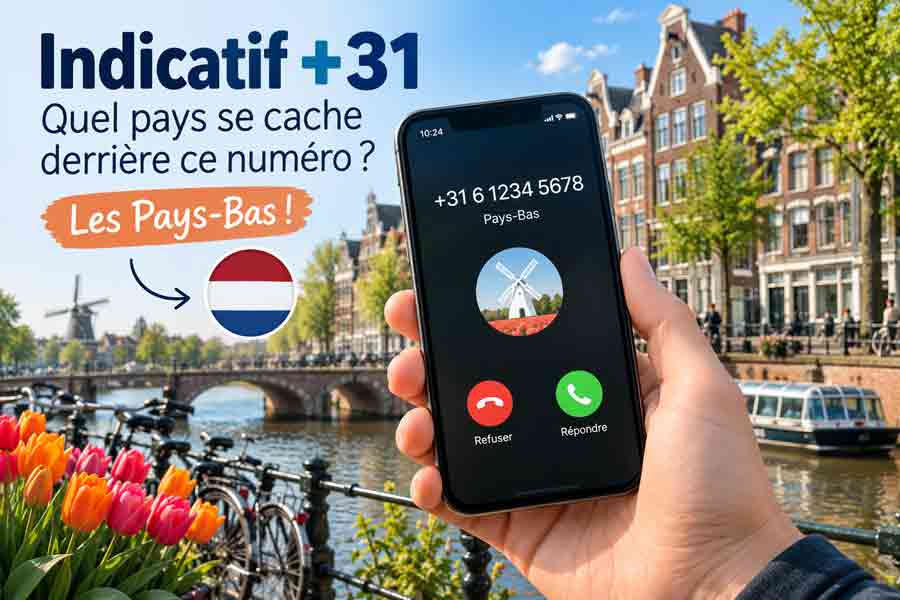 Illustration indicatif 31 Pays-Bas avec appel entrant sur smartphone devant un canal d'Amsterdam et tulipes