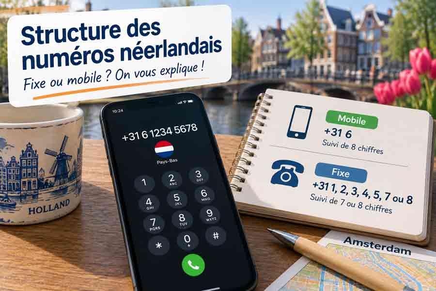 Structure des numéros de téléphone néerlandais fixe et mobile expliquée sur smartphone et carnet avec vue sur Amsterdam