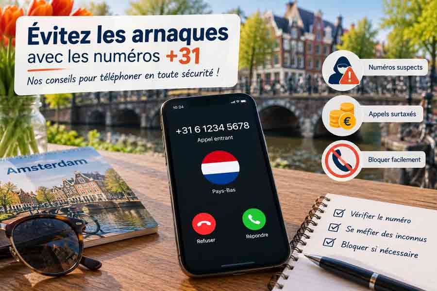 Conseils pour éviter les arnaques téléphoniques liées à l'indicatif 31 des Pays-Bas avec icônes numéros suspects et blocage