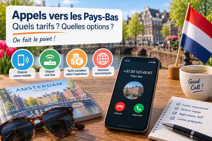 Tarifs et options pour appeler les Pays-Bas depuis mobile, box ou solutions VoIP avec drapeau néerlandais et smartphone