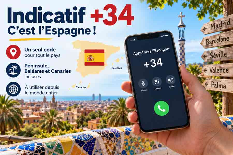 Infographie présentant l'indicatif 34 de l'Espagne, valable pour la péninsule, les Baléares et les Canaries, avec un smartphone affichant un appel en cours et un panneau indiquant Madrid, Barcelone, Séville, Valence et Palma sur fond de Barcelone