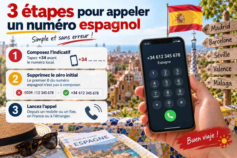 Infographie des 3 étapes pour appeler un numéro espagnol avec l'indicatif 34 : composer l'indicatif, supprimer le zéro initial et lancer l'appel, illustrée par un smartphone affichant un appel vers l'Espagne posé sur un guide de voyage à Barcelone