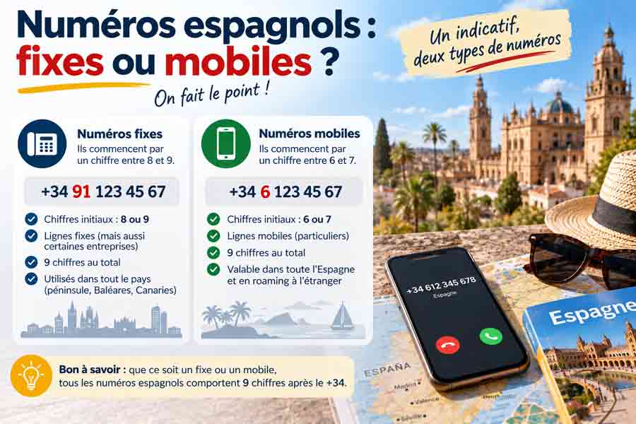 Infographie comparant les numéros fixes et mobiles espagnols avec l'indicatif 34, distinguant les préfixes 8-9 pour les fixes et 6-7 pour les mobiles, sur fond de cathédrale espagnole avec un smartphone et un guide de voyage posés sur une carte