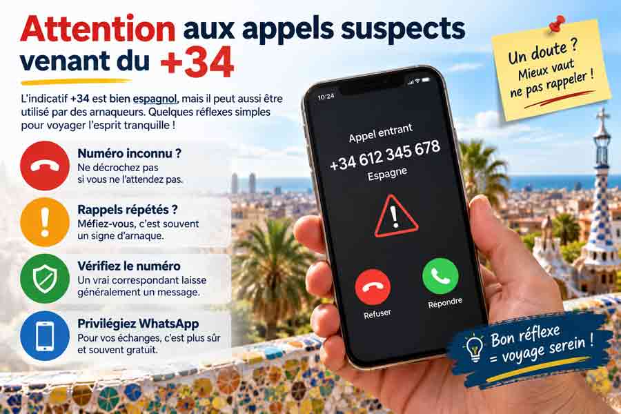 Infographie de mise en garde contre les appels suspects venant de l'indicatif 34 espagnol, avec les bons réflexes à adopter face à un numéro inconnu, illustrée par un smartphone affichant un appel entrant suspect depuis l'Espagne