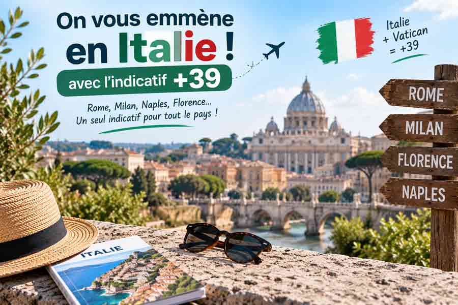 L'indicatif 39 pour appeler en Italie et au Vatican, avec vue sur Rome et panneaux indiquant Milan, Florence et Naples