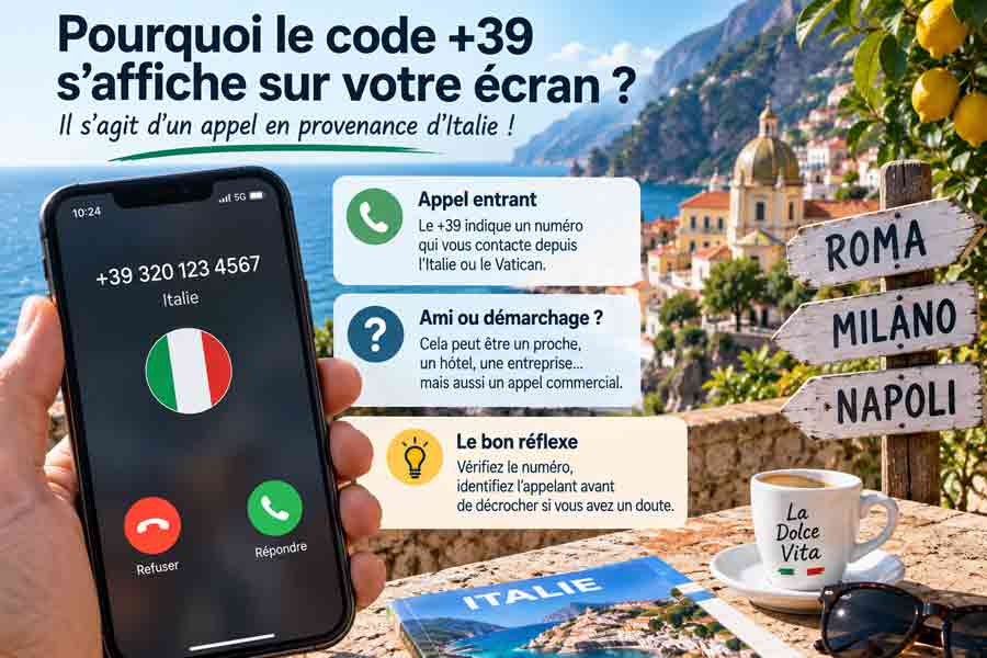 Pourquoi l'indicatif 39 s'affiche sur l'écran lors d'un appel entrant d'Italie, avec vue sur la côte amalfitaine et panneaux indiquant Rome, Milan et Naples