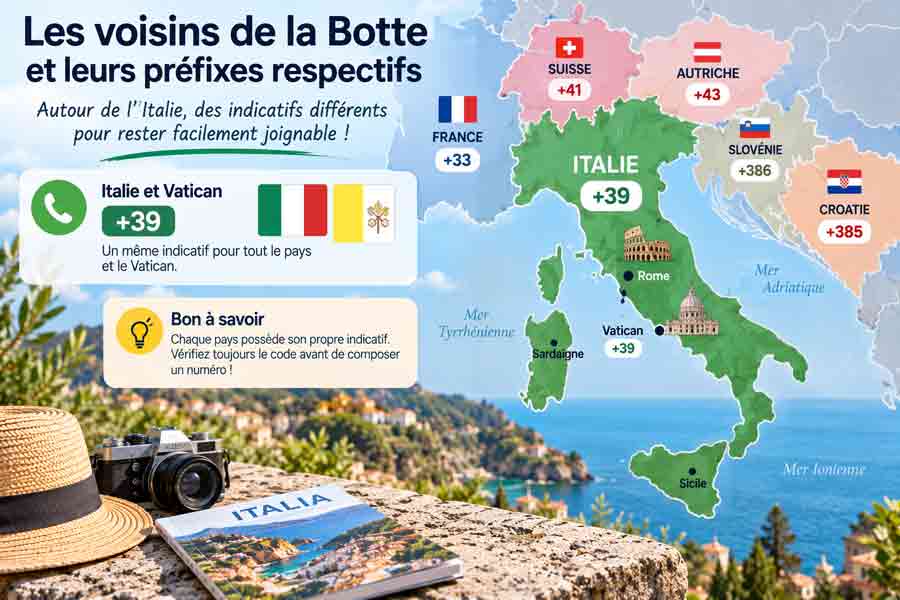 Carte des indicatifs téléphoniques de l'Italie et des pays voisins comme la France, la Suisse, l'Autriche, la Slovénie et la Croatie