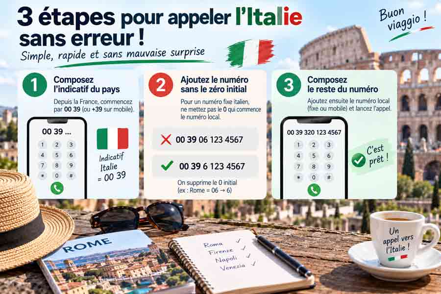 Les 3 étapes pour appeler l'Italie sans erreur avec l'indicatif 39, illustrées avec un smartphone et vue sur le Colisée de Rome