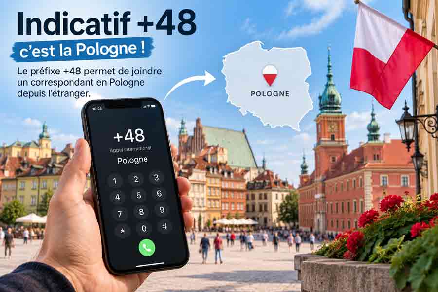 Indicatif 48 pour appeler en Pologne depuis un smartphone, avec drapeau polonais et vieille ville de Varsovie en arrière-plan