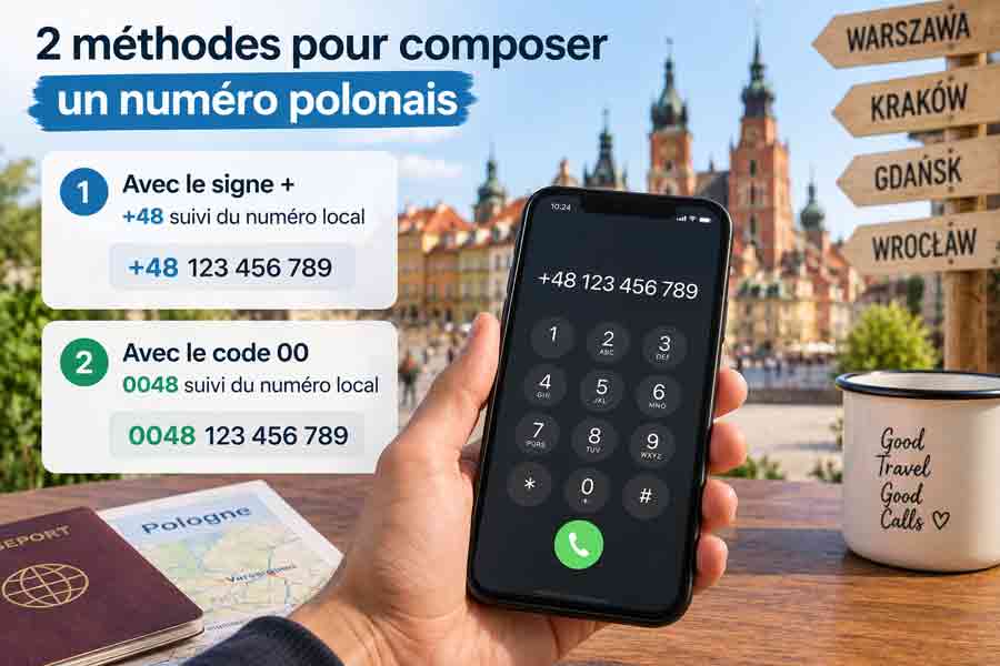 Les deux méthodes pour composer un numéro polonais, avec le signe + ou le code 00, illustrées avec un smartphone et un panneau indiquant Varsovie, Cracovie, Gdansk et Wroclaw