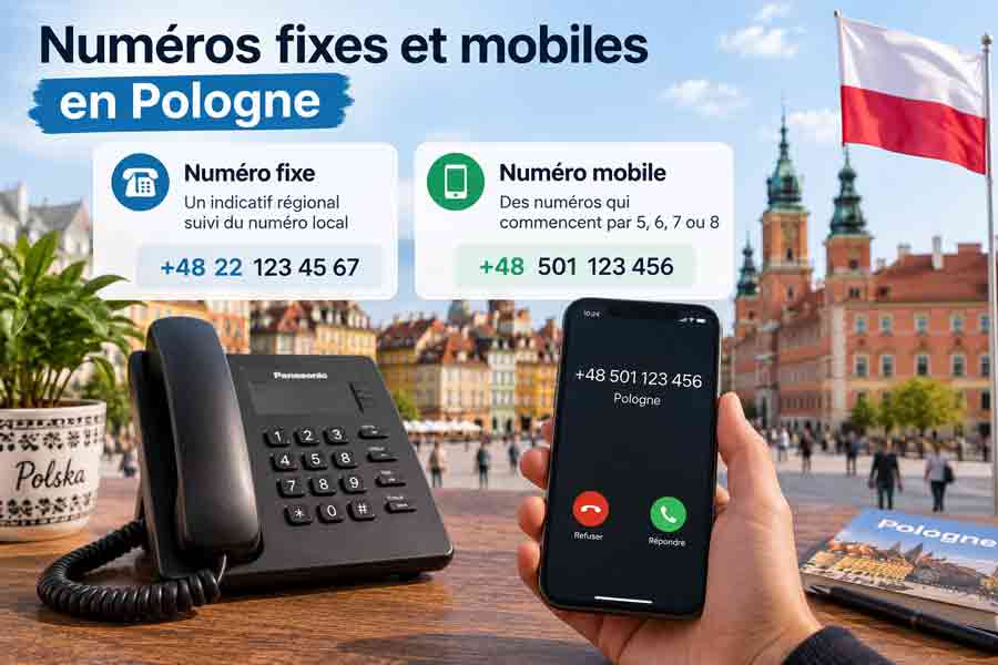 Différence entre numéro fixe et numéro mobile polonais, avec téléphone filaire et smartphone affichant un appel entrant avec l'indicatif 48