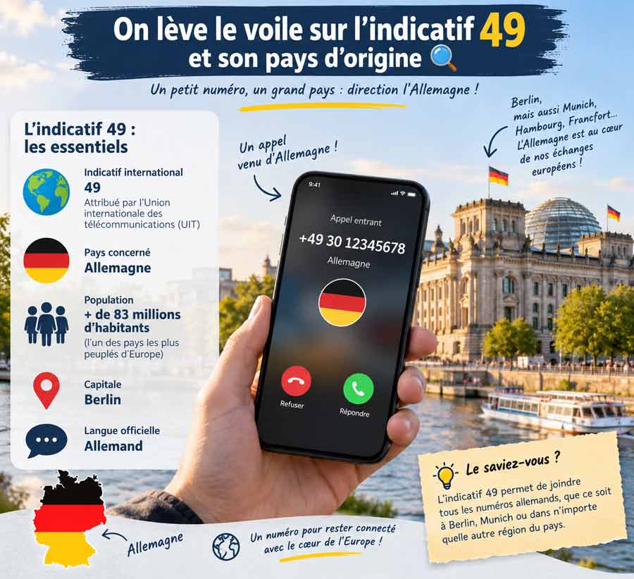 Infographie récapitulative sur l'indicatif 49 de l'Allemagne, avec appel entrant +49 30 12345678 sur smartphone et vue du Reichstag à Berlin