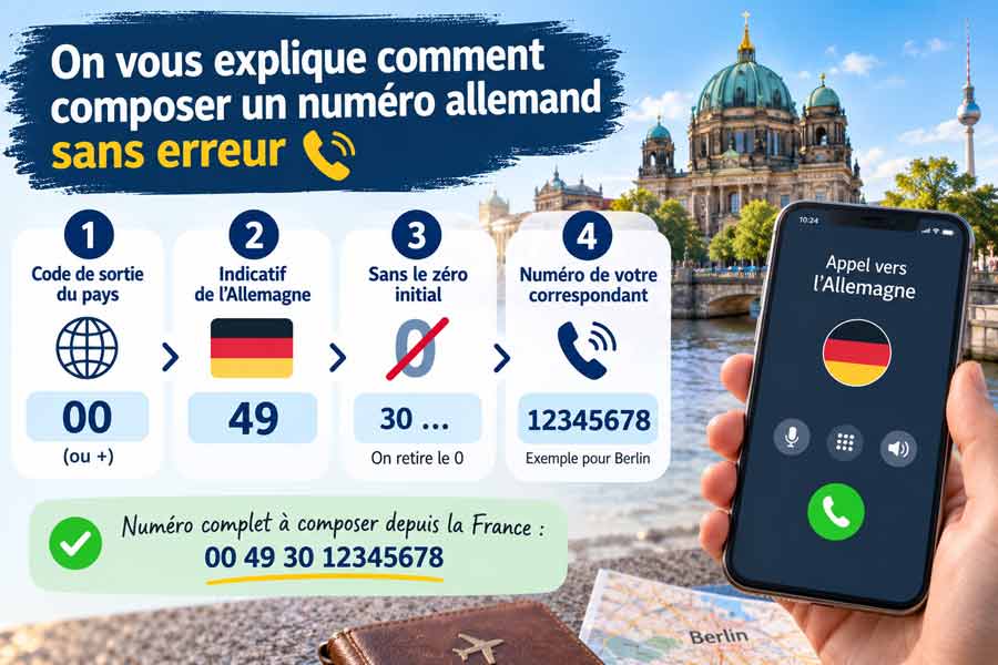 Schéma en 4 étapes pour composer un numéro allemand depuis la France : 00, indicatif 49, suppression du 0 initial, numéro du correspondant, avec appel vers l'Allemagne sur smartphone et vue de la cathédrale de Berlin