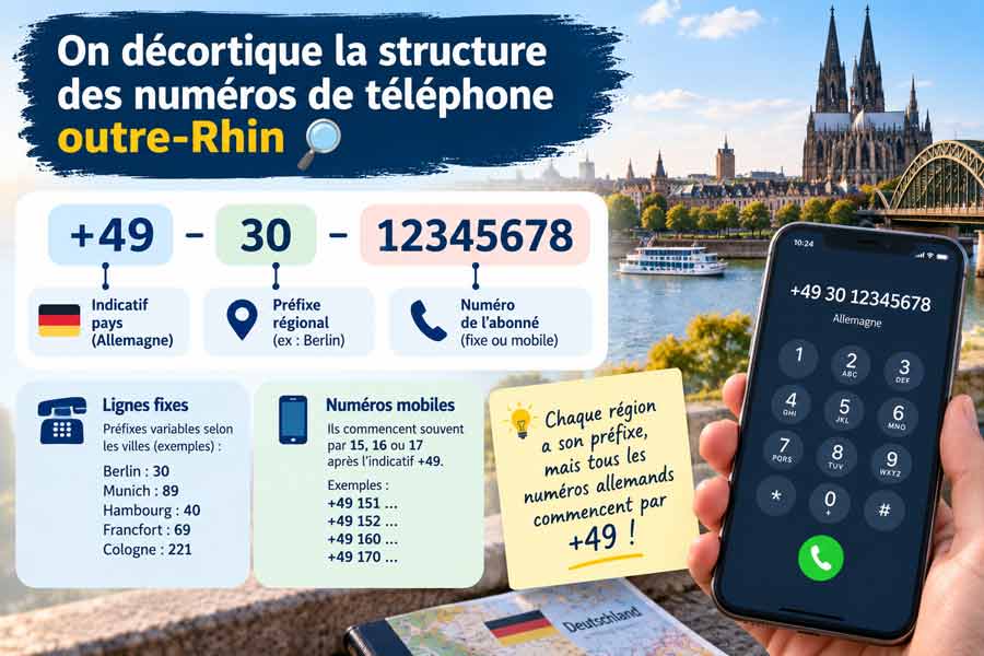 Décomposition d'un numéro allemand (indicatif 49) +49 30 12345678 avec préfixes régionaux des grandes villes, exemples de numéros mobiles et vue de la cathédrale de Cologne avec smartphone affichant un appel