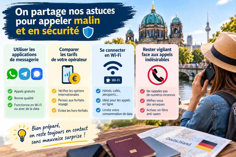 4 astuces pour appeler malin et en sécurité : applications de messagerie, comparaison des tarifs, connexion Wi-Fi et vigilance face aux appels indésirables, avec voyageuse au téléphone devant la cathédrale de Berlin