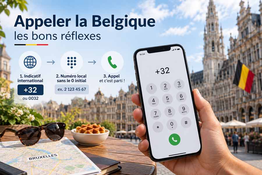 Infographie récapitulant les 3 étapes pour appeler la Belgique depuis un smartphone affichant l'indicatif belgique +32, avec en arrière-plan une place de Bruxelles, des gaufres et une carte touristique