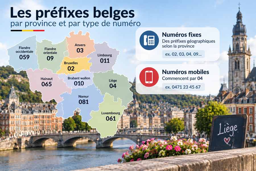 Carte des préfixes téléphoniques belges par province avec distinction entre numéros fixes géographiques et numéros mobiles en 04, sur fond de vue de Liège et sa rivière