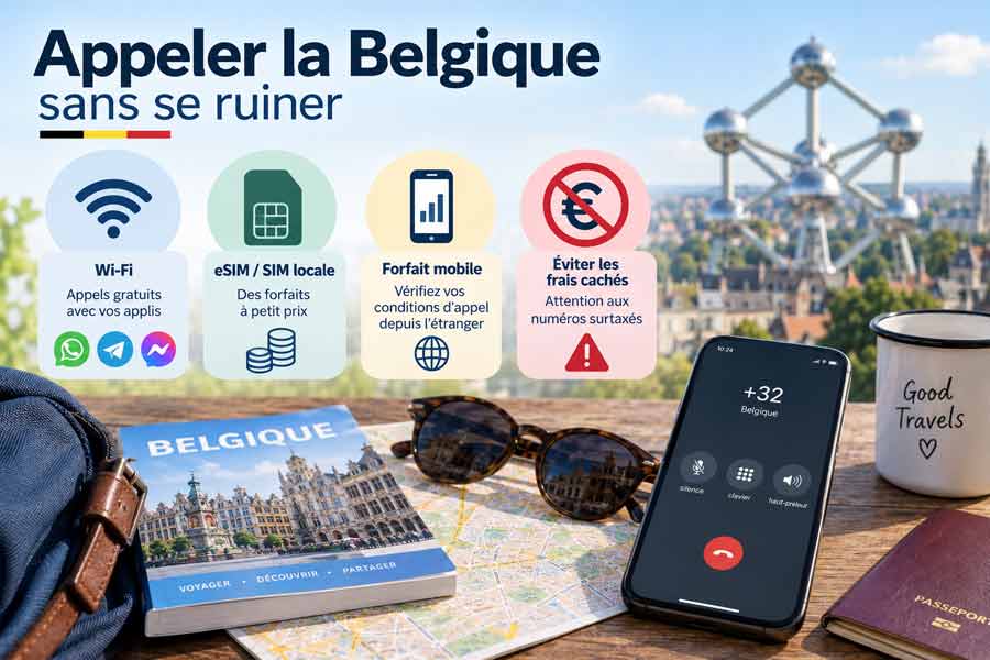 Infographie des 4 astuces pour appeler la Belgique sans frais excessifs, Wi-Fi, eSIM, forfait mobile et vigilance aux numéros surtaxés, avec un smartphone affichant un appel en cours vers la Belgique et l'Atomium en arrière-plan