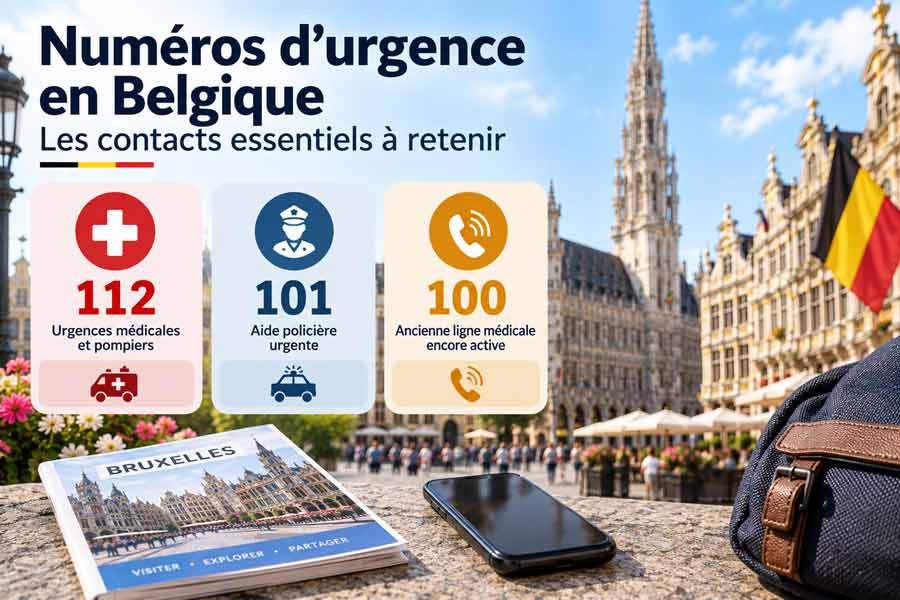 Infographie des trois numéros d'urgence belges 112, 101 et 100 avec leurs pictogrammes, sur fond de Grand-Place de Bruxelles et d'un guide touristique posé sur un muret