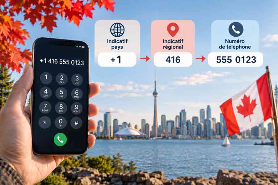 Personne qui compose l'indicatif Canada +1 sur un smartphone avec la skyline de Toronto et le drapeau canadien en arrière-plan