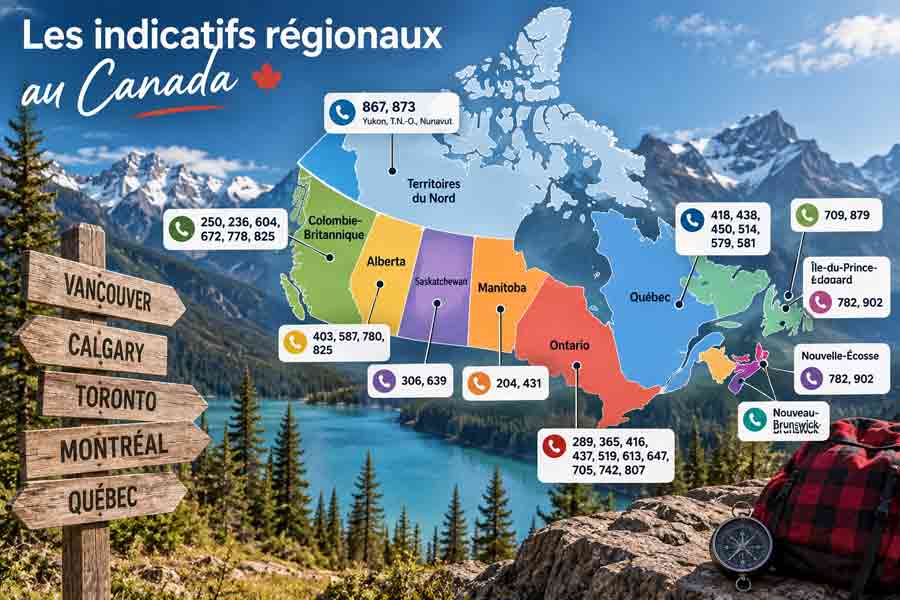 Carte du Canada détaillant les indicatifs téléphoniques régionaux par province, avec panneau directionnel vers Vancouver, Calgary, Toronto, Montréal et Québec